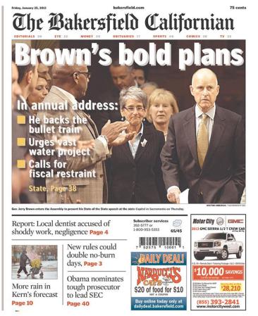The Bakersfield Californian, de Estados Unidos, incluye en su portada, además de una imagen protagonista, más texto y publicidades.