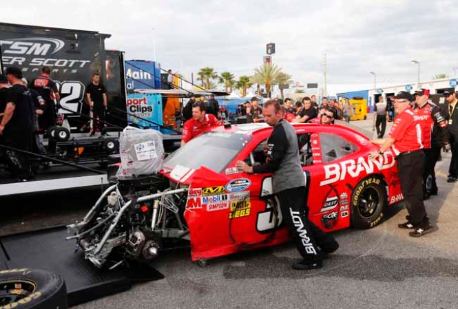 DAYTONA BEACH, FL - FEBRUARY 23: The #31 Brandt Chevrolet, driven by Justin Allgaier, is seen following an incident at the finish of the NASCAR Nationwide Series DRIVE4COPD 300 at Daytona International Speedway on February 23, 2013 in Daytona Beach, Florida. (Photo by Sam Greenwood/Getty Images)