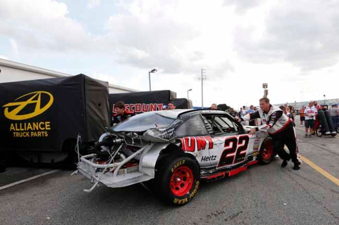 DAYTONA BEACH, FL - FEBRUARY 23: The #22 Discount Tire Dodge, driven by Brad Keselowski, is seen following an incident at the finish of the NASCAR Nationwide Series DRIVE4COPD 300 at Daytona International Speedway on February 23, 2013 in Daytona Beach, Florida. (Photo by Sam Greenwood/Getty Images)
