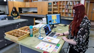 Longswamp twp., PA - March 1: Brandywine Heights Art teacher Jennilee Miller stands behind her computer with several cameras and a microphone that she uses to teach students attending class virtually while also teaching students in her classroom. During the Drawing and Painting One art class taught by Brandywine Heights Art teacher Jennilee Miller Monday afternoon March 1, 2021 in Longswamp township.