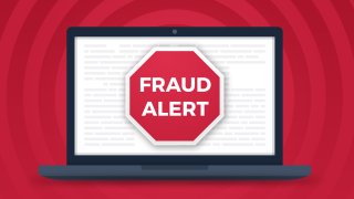 An illustration of a computer screen saying "fraud alert"