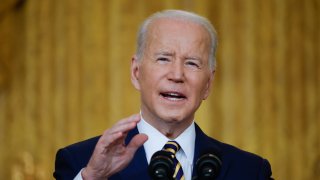 U.S. President Joe Biden delivers an opening statement during a news conference in the East Room of the White House on January 19, 2022 in Washington, DC. With his approval rating hovering around 42-percent, Biden is approaching the end of his first year in the Oval Office with inflation rising, COVID-19 surging and his legislative agenda stalled on Capitol Hill.