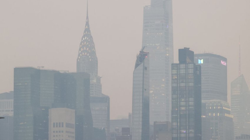 NEW YORK, UNITED STATES – JUNE 6: A view of polluted air in New York City, United States on June 06, 2023. New York City has issued a health advisory for Tuesday as smoke from wildfires in Canada impacting the city’s air quality. (Photo by Selcuk Acar/Anadolu Agency via Getty Images)