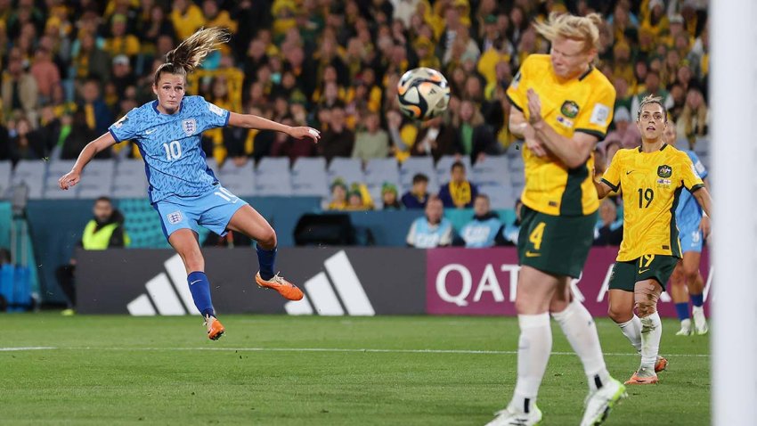 SYDNEY, AUSTRALIA – AUGUST 16: Ella Toone of England scores her team’s first goal  during the FIFA Women’s World Cup Australia & New Zealand 2023 Semi Final match between Australia and England at Stadium Australia on August 16, 2023 in Sydney, Australia. (Photo by Brendon Thorne/Getty Images)