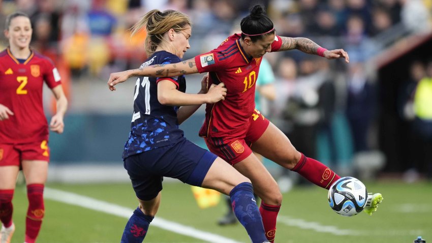 WELLINGTON, NEW ZEALAND – AUGUST 11: Jennifer Hermoso (10) of Spain in action against Damaris Egurrola of Netherlands during the FIFA Women’s World Cup Australia & New Zealand 2023 Quarter Final match between Spain and Netherlands at Wellington Regional Stadium in Wellington, New Zealand on August 11, 2023. (Photo by Jose Hernandez/Anadolu Agency via Getty Images)