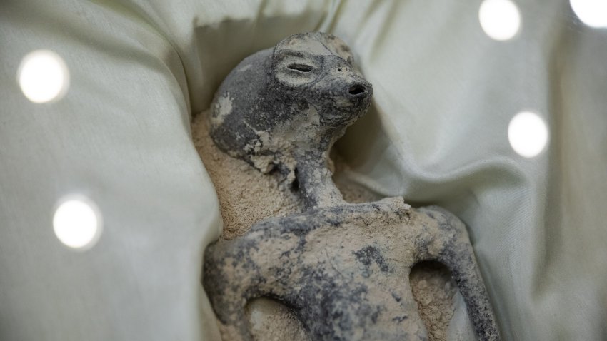 MEXICO CITY, MEXICO – SEPTEMBER 13: One of the two ‘non-human’ beings displayed to the media is seen during a press conference of Mexican journalist and UFO expert, Jaime Maussan, at the Camino Real hotel, in Mexico City, Mexico on September 13, 2023. The press conference was holding the day after the country’s first public congressional hearing on the topic with UFO experts. The bodies displayed in cases, have three fingers on each hand they were recovered in Peru in 2017, they have no relation to human beings, experts said. (Photo by Daniel Cardenas/Anadolu Agency via Getty Images)