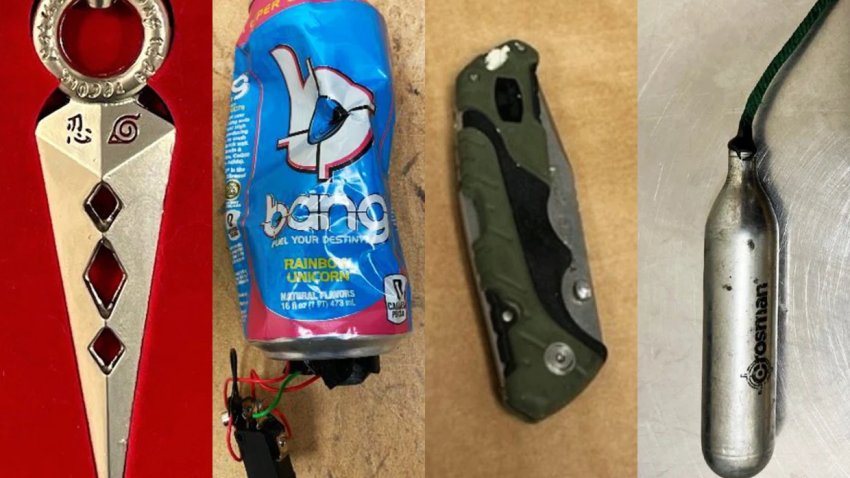 Un cuchillo de Naruto, un IED inactivo escondido en una lata de bebida energética, un cuchillo que se encontró escondido dentro de una barra de pan keto y un cartucho de IED CO₂.