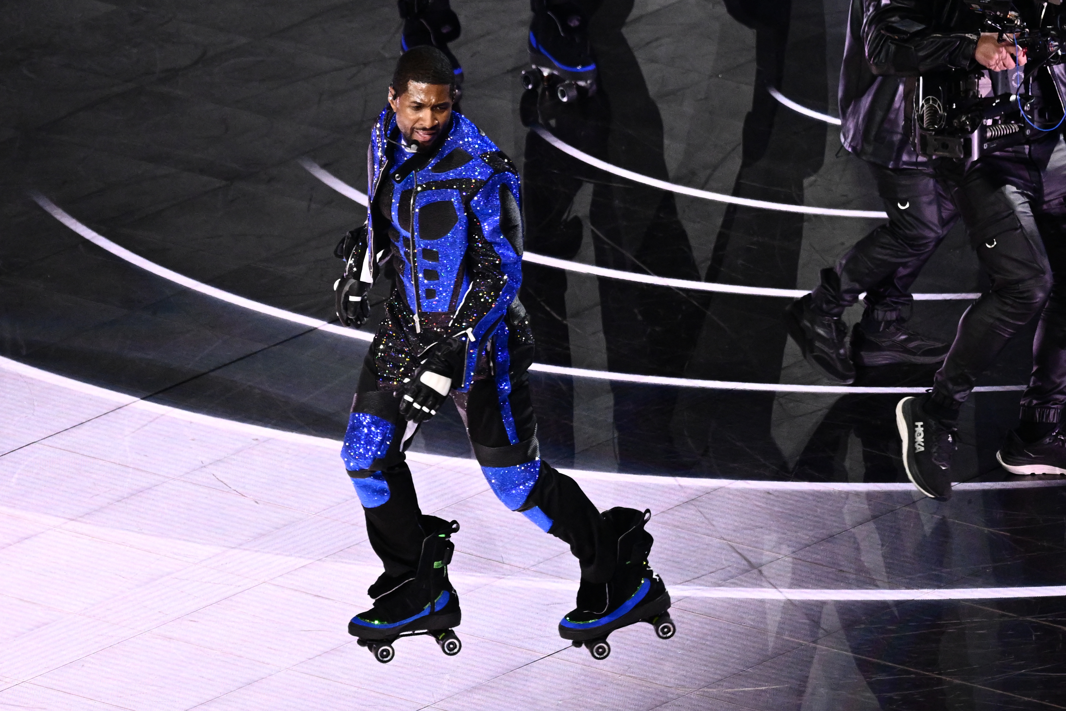 Usher performs during the halftime show of Super Bowl LVIII in Las Vegas, Nevada, Feb. 11, 2024.