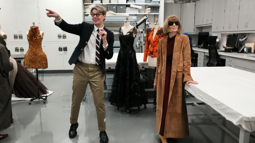 NEW YORK, NEW YORK – NOVEMBER 08: Andrew Bolton (L) and  Anna Wintour speak to members of the press as The Metropolitan Museum of Art announces the The Costume Institute’s spring 2024 exhibition, Sleeping Beauties: Reawakening Fashion, at The Metropolitan Museum of Art on November 08, 2023 in New York City. (Photo by Dia Dipasupil/Getty Images)