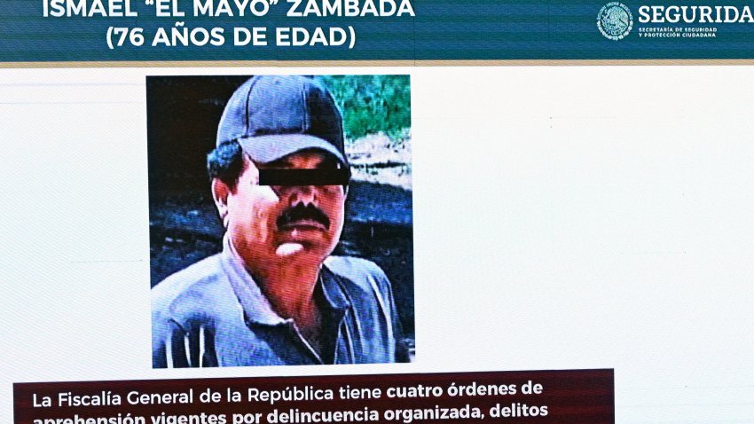 A picture of Sinaloa cartel co-founder, Mexican drug trafficker Ismael “Mayo” Zambada, is seen on screen during Mexican President Andres Manuel Lopez Obrador’s usual morning press conference at the National Palace in Mexico City on July 26, 2024. Mexican authorities did not participate in the arrest of Ismael “Mayo” Zambada, co-founder of the Sinaloa cartel, and a son of Joaquin “El Chapo” Guzman, carried out on July 25 in Texas by US authorities, the Mexican Security Secretary announced on Friday. (Photo by ALFREDO ESTRELLA / AFP) (Photo by ALFREDO ESTRELLA/AFP via Getty Images)