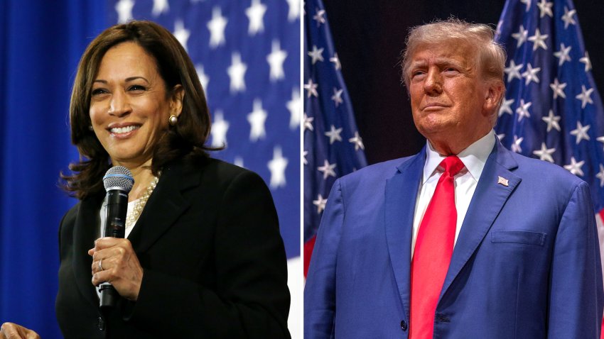 Split screen with Kamala Harris and Donald Trump