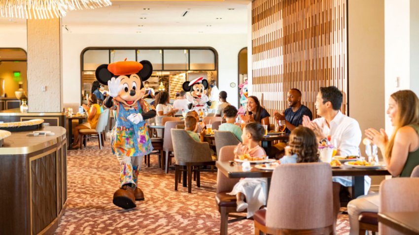 LAKE BUENA VISTA, FL – JUNE 23:  In this handout photo provided by Walt Disney World Resort, guests at Disney’s Riviera Resort see Mickey Mouse, Minnie Mouse, Donald Duck and Daisy Duck during breakfast at Topolino’s Terrace Flavors of the Riviera, the resorts rooftop restaurant on June 23, 2020 in Lake Buena Vista, Florida. During the phased reopening, characters maintain proper physical distancing while parading through the restaurant during mealtimes. Walt Disney World Resort theme parks begin their phased reopening on July 11, 2020. (Photo by Matt Stroshane/Walt Disney World Resort via Getty Images)