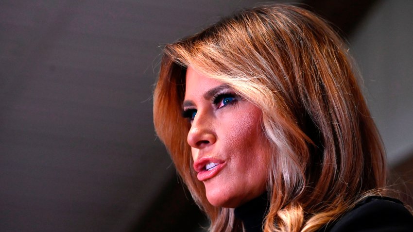 US First Lady Melania Trump speaks during a campaign rally at Whitewoods venue in Wapwallopen, Pennsylvania on October 31, 2020. (Photo by Andrew CABALLERO-REYNOLDS / AFP) (Photo by ANDREW CABALLERO-REYNOLDS/AFP via Getty Images)