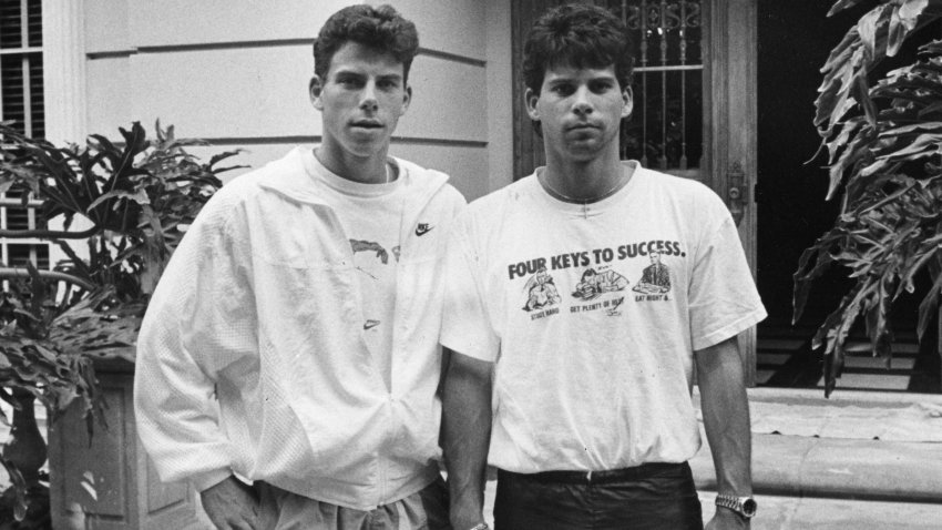 Erik Menendez, left, and is brother Lyle, in front of their Beverly Hills home. They are prime suspects in their parents murder.