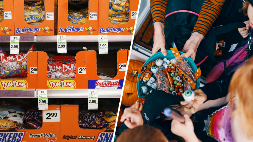 Foto de archivo de candy de Halloween en una tienda y un bowl.