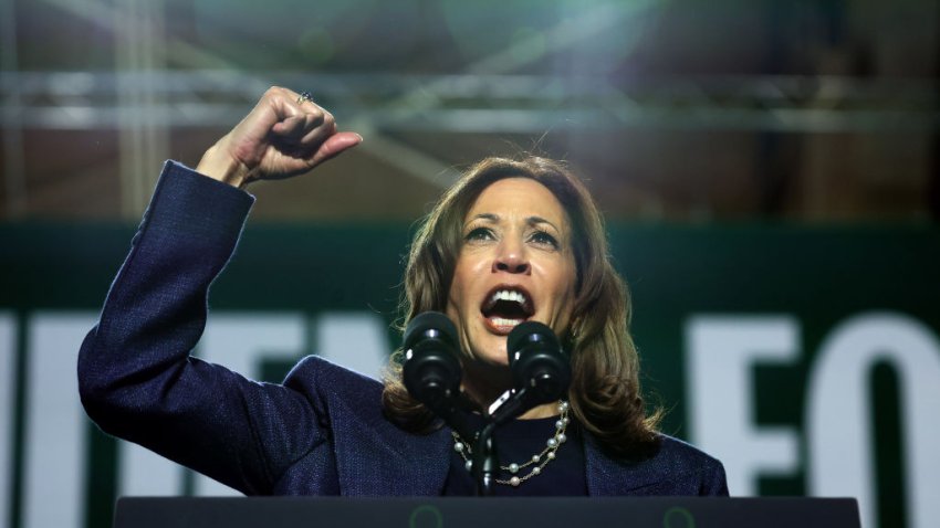 EAST LANSING, MICHIGAN – NOVEMBER 03: Democratic presidential nominee, U.S. Vice President Kamala Harris speaks at a campaign rally at Jenison Field House on the Michigan State University campus on November 03, 2024 in Lansing, Michigan. With 2 days remaining before Election Day, Harris continues rallying with supporters in the battleground swing state of Michigan while campaigning against Republican presidential nominee, former U.S. President Donald Trump. (Photo by Scott Olson/Getty Images)