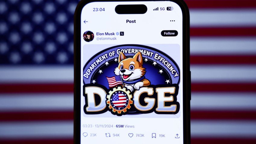 American flag displayed on a laptop screen and Elon Musk post about DOGE on X displayed on a phone screen are seen in this illustration photo taken in Krakow, Poland on November 13, 2024. (Photo by Jakub Porzycki/NurPhoto via Getty Images)