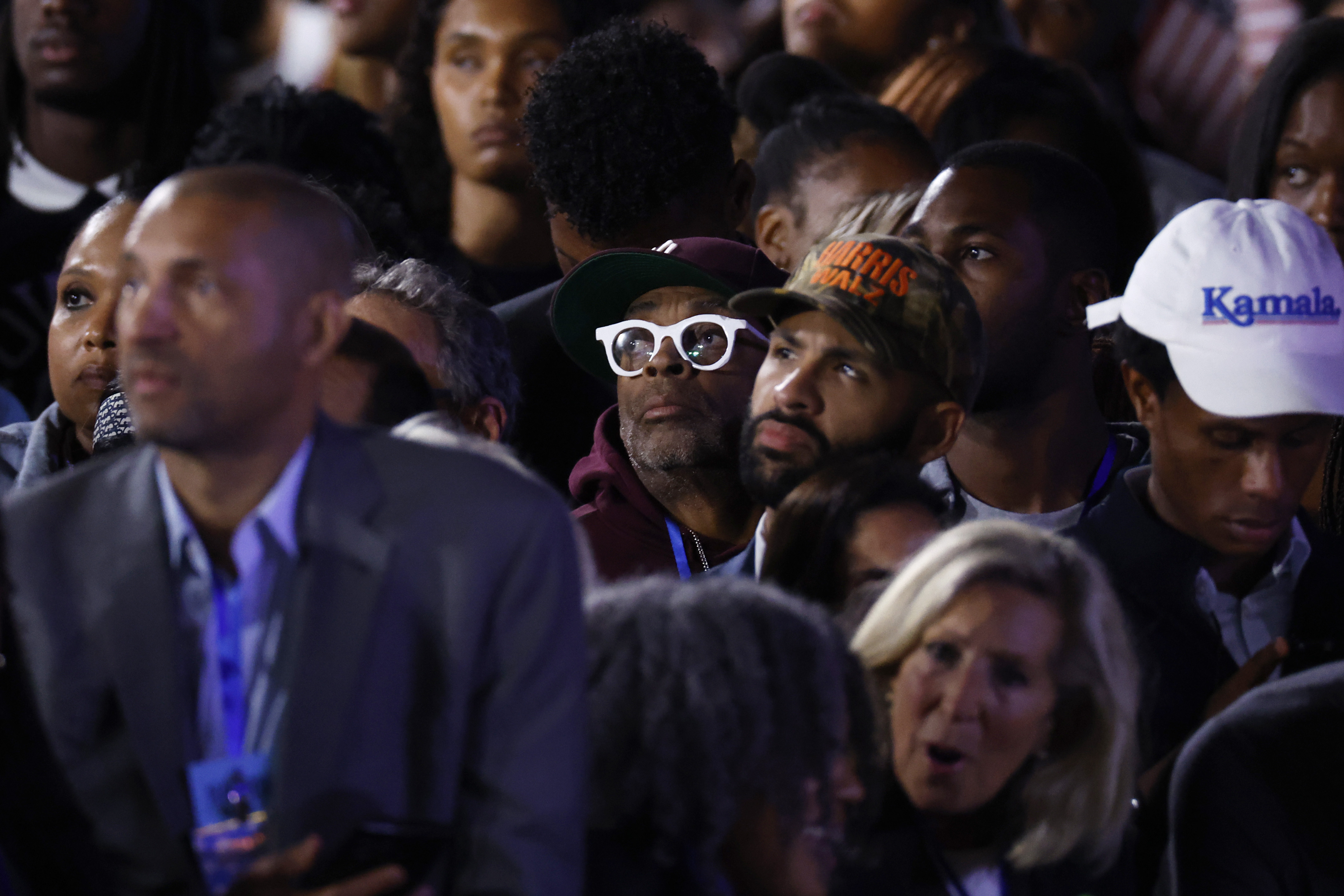 WASHINGTON, DC – NOVEMBER 05:  Spike Lee joins supporters as results come in during an election night watch party for Democratic presidential nominee, U.S. Vice President Kamala Harris at Howard University on November 05, 2024 in Washington, DC. Americans cast their ballots today in the presidential race between Republican nominee former President Donald Trump and Vice President Kamala Harris, as well as multiple state elections that will determine the balance of power in Congress.   (Photo by Kevin Dietsch/Getty Images)