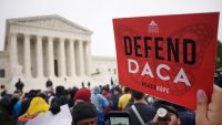 Immigration rights activists take part in a rally in front of the US Supreme Court in Washington, DC on November 12, 2019. – The US Supreme Court hears arguments on November 12, 2019 on the fate of the “Dreamers,” an estimated 700,000 people brought to the country illegally as children but allowed to stay and work under a program created by former president Barack Obama.Known as Deferred Action for Childhood Arrivals or DACA, the program came under attack from President Donald Trump who wants it terminated, and expired last year after the Congress failed to come up with a replacement. (Photo by MANDEL NGAN / AFP) (Photo by MANDEL NGAN/AFP via Getty Images)