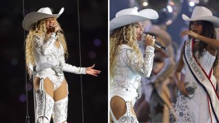 HOUSTON, TEXAS – 25 DE DICIEMBRE: Beyoncé actúa con su hija, Blue Ivy, durante el espectáculo de medio tiempo del juego entre los Baltimore Ravens y los Houston Texans en el NRG Stadium el 25 de diciembre de 2024 en Houston, Texas.