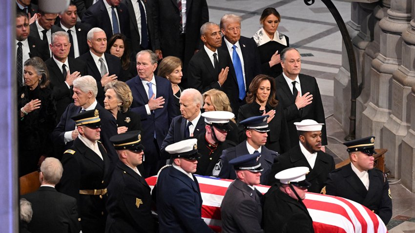 The flag-draped casket of former US President Jimmy Carter arrives for his State Funeral Service at the Washington National Cathedral in Washington, DC, on January 9, 2025. (Photo by Mandel NGAN / AFP) (Photo by MANDEL NGAN/AFP via Getty Images)