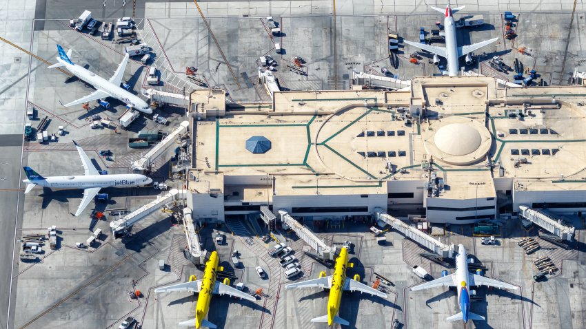 Los Angeles, United States – November 4, 2022: Airplanes from jetBlue and Spirit Airlines at Los Angeles Airport (LAX) aerial view in the United States.