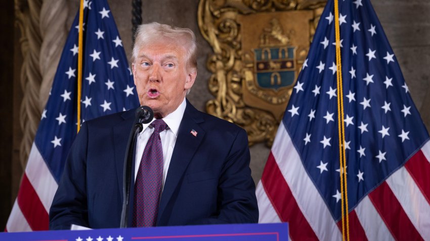 PALM BEACH, FLORIDA – JANUARY 07:  U.S. President-elect Donald Trump speaks to members of the media during a press conference at the Mar-a-Lago Club on January 07, 2025 in Palm Beach, Florida. Trump will be sworn in as the 47th president of the United States on January 20, making him the only president other than Grover Cleveland to serve two non-consecutive terms in the office. (Photo by Scott Olson/Getty Images)