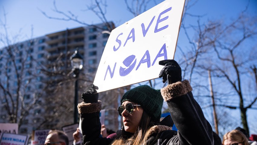 UNITED STATES – MARCH 3: Demonstrators attend rally outside National Oceanic and Atmospheric Administration headquarters to oppose the recent worker firings, in Sliver Spring, Md., on Monday, March 3, 2025. Sen. Chris Van Hollen, D-Md., and other members of Congress also attended. (Tom Williams/CQ-Roll Call, Inc via Getty Images)