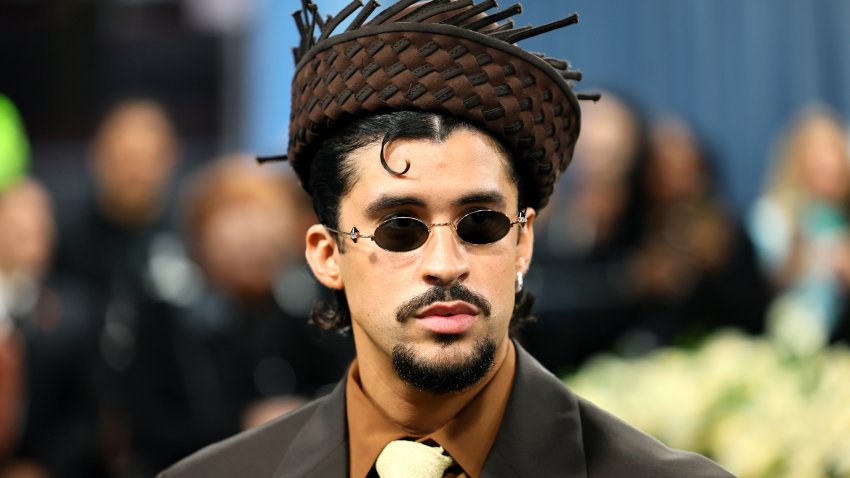 NEW YORK, NEW YORK – MAY 05: Bad Bunny attends the 2025 Met Gala Celebrating “Superfine: Tailoring Black Style” at Metropolitan Museum of Art on May 05, 2025 in New York City.  (Photo by Theo Wargo/FilmMagic)