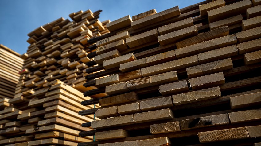 LACHUTE, CANADA – APRIL 10: Wood boards are seen, ready for shipment, at the C.A. Spencer sawmill on April 10, 2025 in Lachute, Canada. Canadian lumber producers face an uncertain business climate as Trump tariffs loom over the lumber industry, such as C.A. Spencer, who exports 10% of their product to the United States and 25% to the asian market. (Photo by Andrej Ivanov/Getty Images)