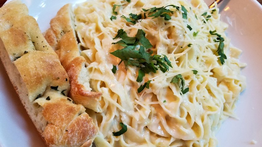 Plate of fettuccine alfredo with side of bread