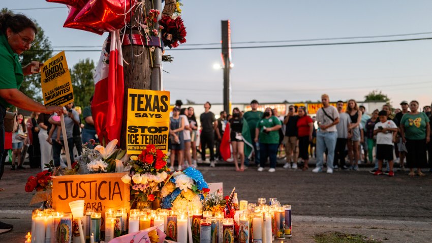 HOUSTON, TEXAS – JULY 08: People pay their respects during a candlelight vigil aat the site where Mexican immigrant Lorenzo Salgado Araujo was killed on July 08, 2026 in Houston, Texas. An Immigration and Customs Enforcement officer fatally shot Mexican immigrant Lorenzo Salgado Araujo during an attempted traffic stop arrest on Tuesday. The shooting marks the first fatal use of force by federal immigration officers since the deaths of Renée Good and Alex Pretti in Minneapolis earlier this year. (Photo by Brandon Bell/Getty Images)